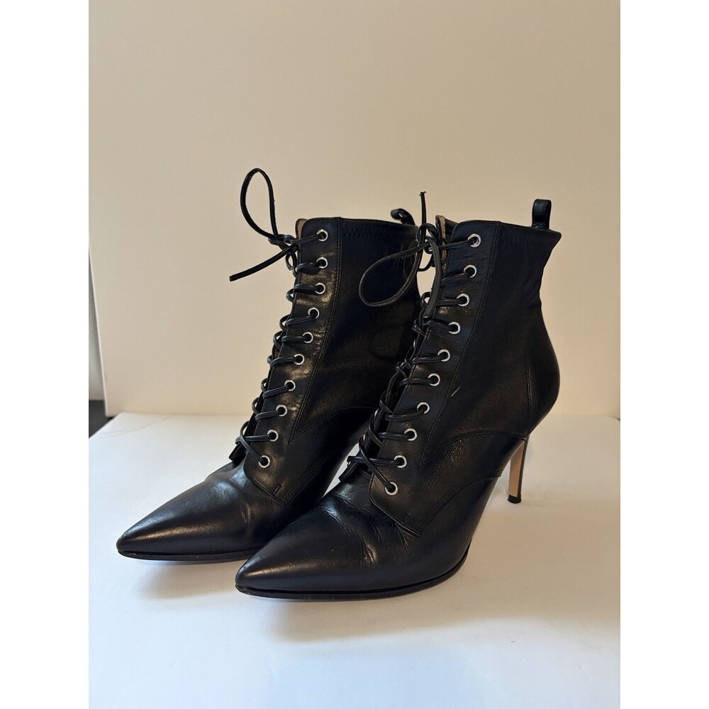 Gianvito Rossi 36.5 Black Leather Lace Up Pointed Toe Stiletto Heels Ankle Boots